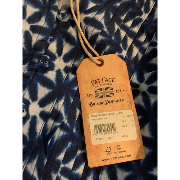 FAT FACE MAYE Indigo Blue SHIBORI PATCH Dress Sz 4 NWOT - Picture 8 of 11